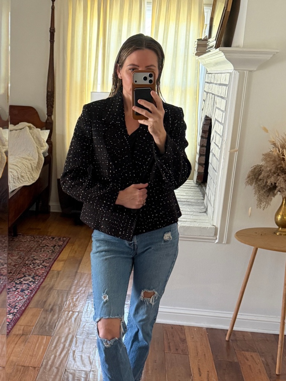 Tahari Black Tweed Cropped Double-Breasted Blazer with White Fleck